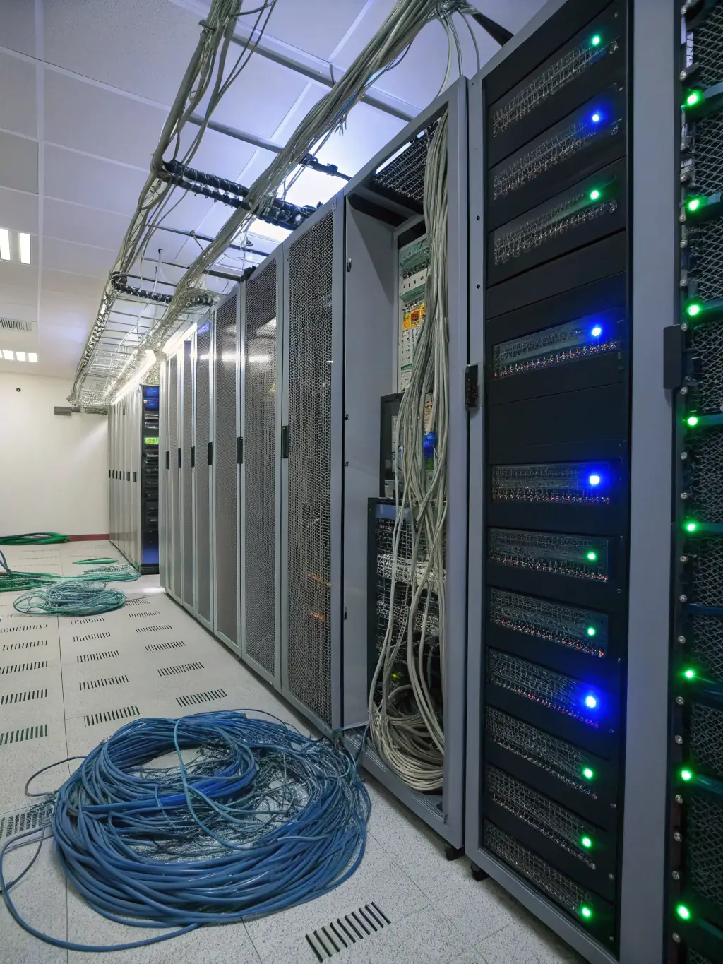 A futuristic server room with only two visible DBAs managing the infrastructure, highlighting the efficiency of AgenticFlowPro's solutions.