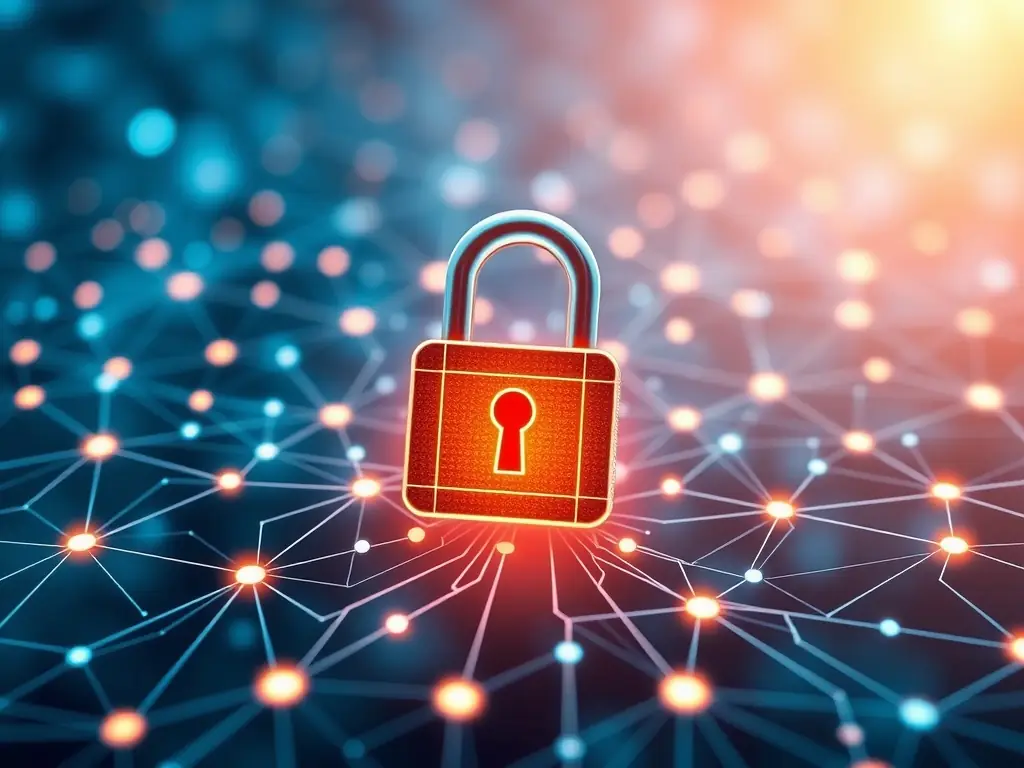 An image illustrating a secure network environment with various security icons and a lock symbol, emphasizing data protection and compliance. The image should convey a sense of trust and security.